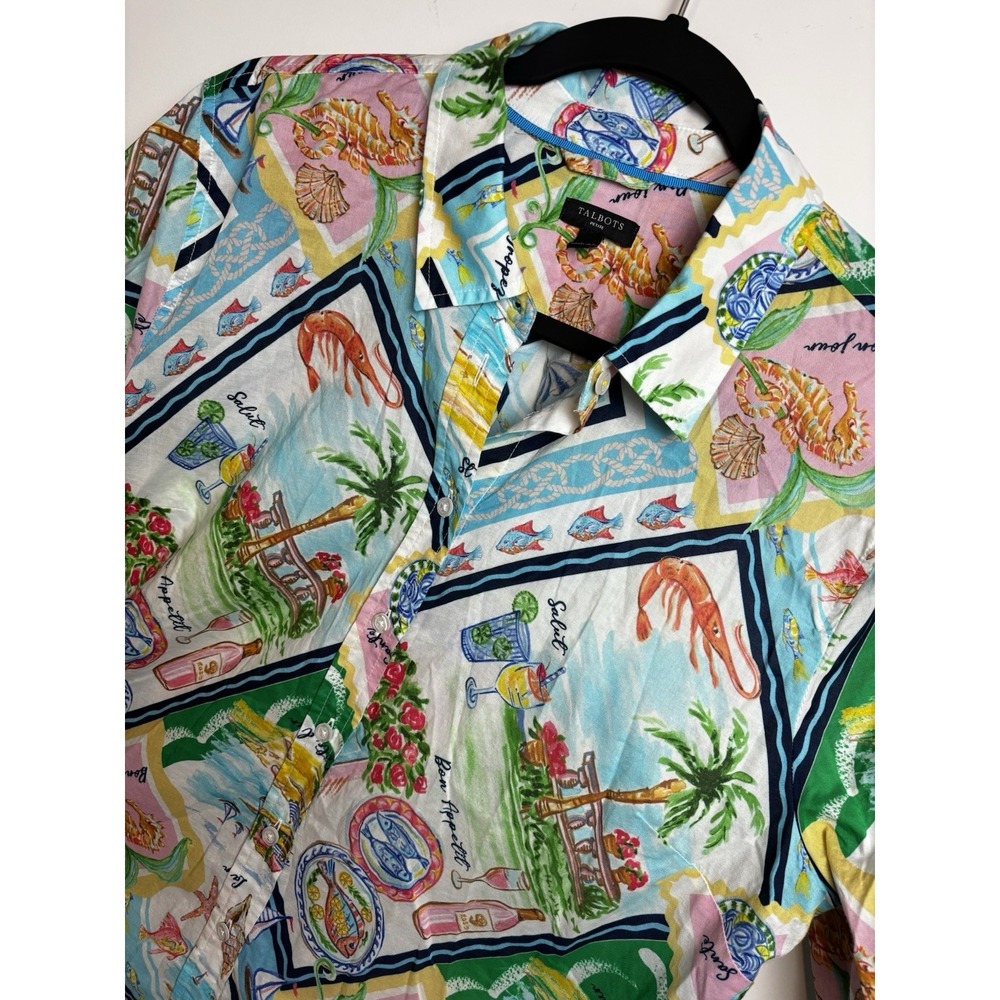 Talbots Women's Petite XLP Multicolor Beach Novelty Cotton Collared Button-Up